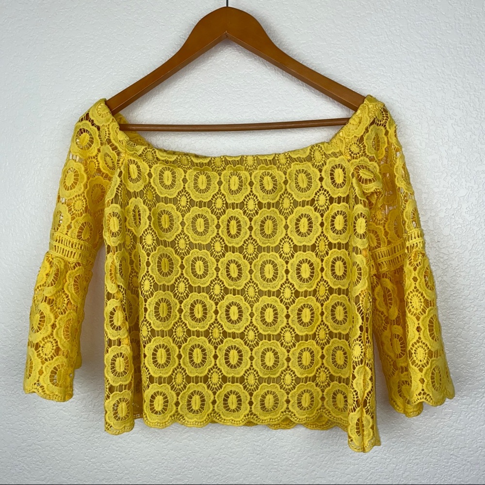 Lulu’s Yellow Crochet Lace Off Shoulder Blouse Top - Picture 6 of 16